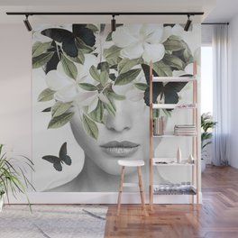 Woman With Flowers and Butterflies 3 Wall Mural