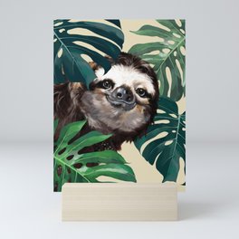 Sneaky Sloth with Monstera Mini Art Print
