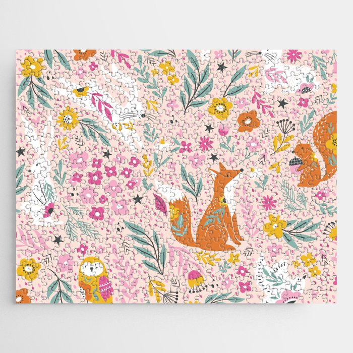 Foxes and Rabbits with Flowers and Ornamental Leaves Jigsaw Puzzle