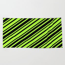 [ Thumbnail: Light Green & Black Colored Lined Pattern Beach Towel ]