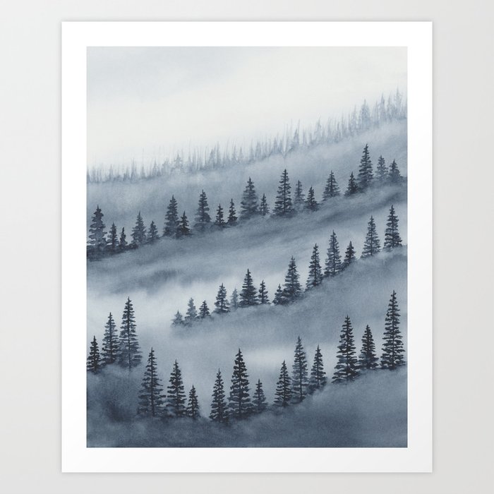 Blue Trees Above the Fog III - Dark Indigo Navy Foggy Forest Watercolor, Rustic Mountain Home Style Art Art Print