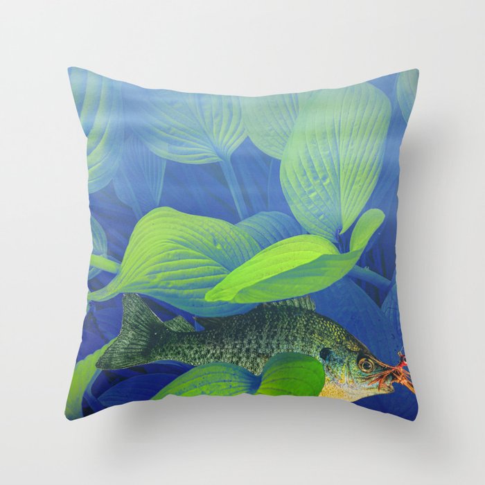 Bluegill Sunfish hooked with a jig lure underwater among green foliage Throw Pillow