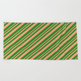 [ Thumbnail: Light Salmon & Forest Green Colored Lined Pattern Beach Towel ]