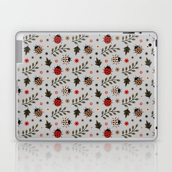 Ladybug and Floral Seamless Pattern on Light Grey Background Laptop & iPad Skin