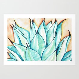 Blue Green Agave Cactus Watercolor, Pen and Ink Original Art Art Print