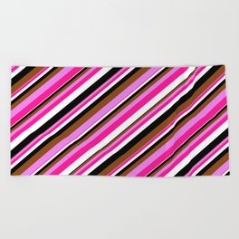 [ Thumbnail: Vibrant Brown, Violet, Deep Pink, White, and Black Colored Striped Pattern Beach Towel ]