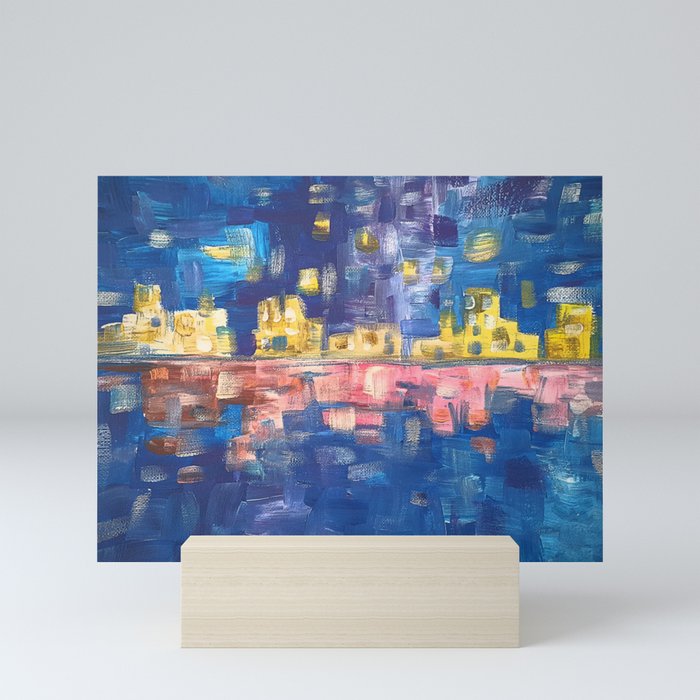 City Lights In Blue Night Colorful Acrylic Painting Mini Art
