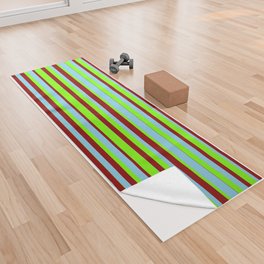 [ Thumbnail: Sky Blue, Green & Dark Red Colored Lined Pattern Yoga Towel ]