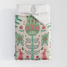 Florarl Folk Art with Rabbit Duvet Cover