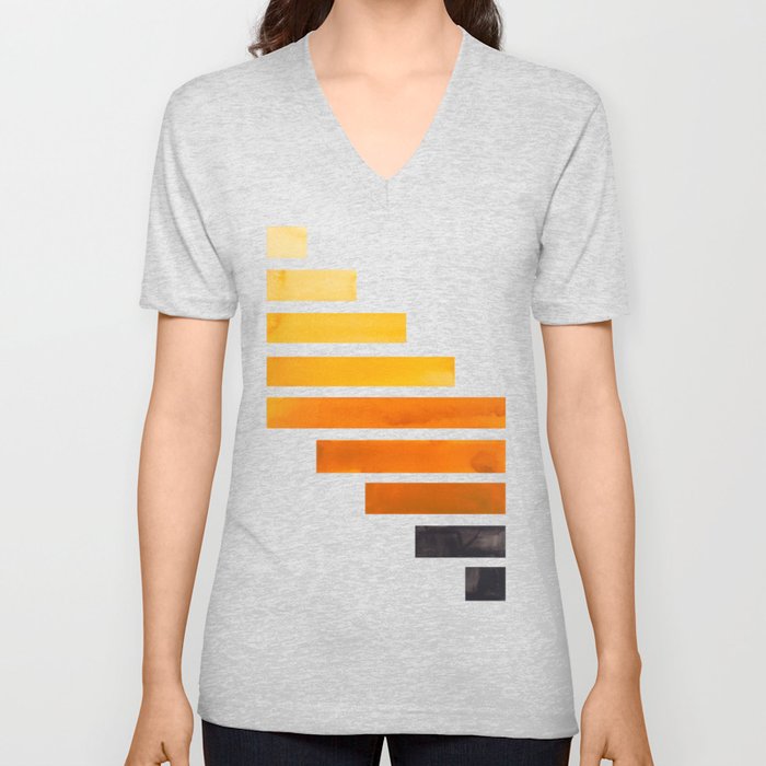 Orange Yellow Ocre Midcentury Modern Minimalist Staggered Stripes Rectangle Geometric Pattern Waterc V Neck T Shirt