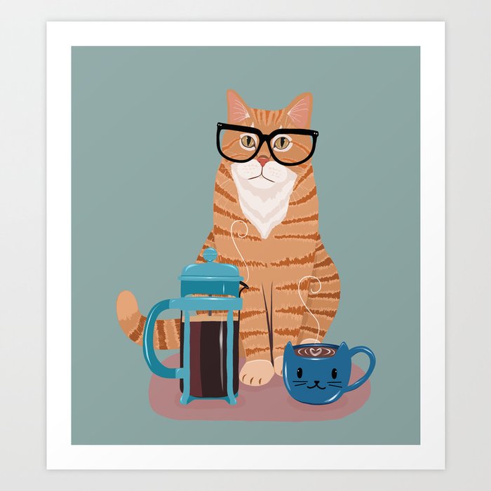 Ginger Nerd Cat and Coffee Art Print