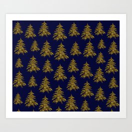 Sparkly gold Christmas tree on dark blue Art Print