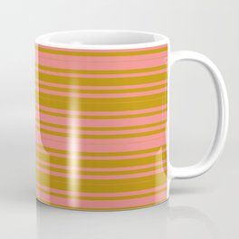 [ Thumbnail: Dark Goldenrod & Light Coral Colored Pattern of Stripes Coffee Mug ]