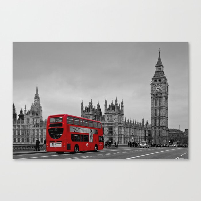 London Canvas Print Black & White Red Bus Landscape Canvas Wall Art Picture 