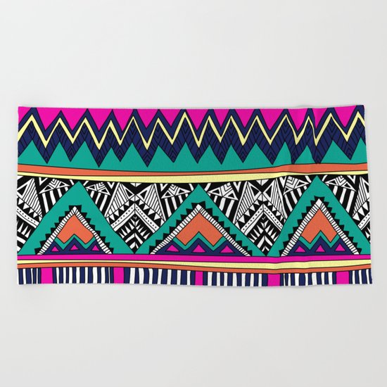 Multicolor tribal background with doodle elements Beach Towel