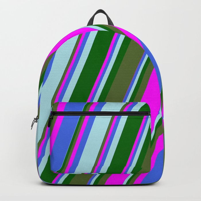 Colorful Dark Olive Green, Fuchsia, Royal Blue, Powder Blue, and Dark Green Colored Lines Pattern Backpack