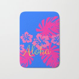 Aloha! with Lush Bright Pink Tropical Leaves, Flowers, and Blue Skies  Bath Mat