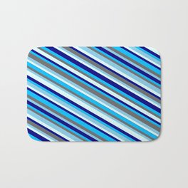 [ Thumbnail: Vibrant Dim Gray, Sky Blue, Light Cyan, Blue & Deep Sky Blue Colored Lined/Striped Pattern Bath Mat ]