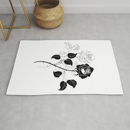 Two Roses Rug | Blackrose, White, Monochrome, Stylization, Flowers, Tworoses, Elegant, Sketch, Bud, Drawing 