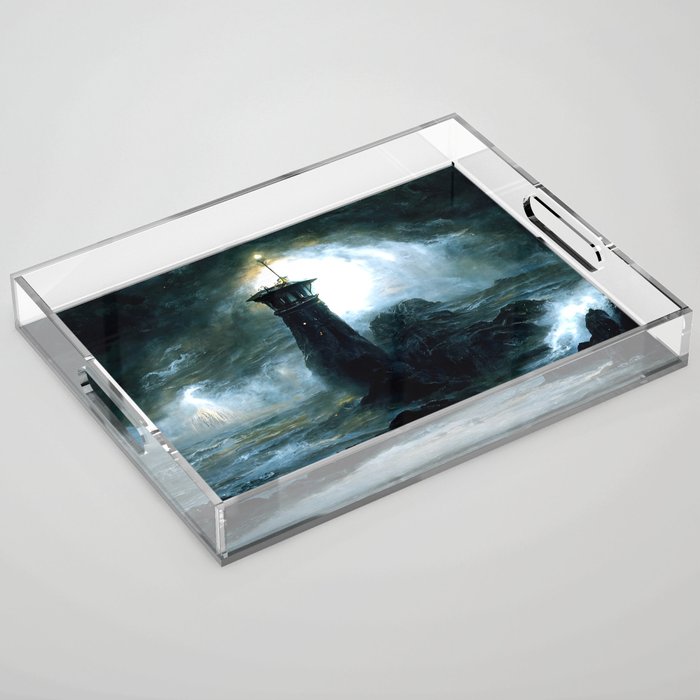 A lighthouse in the storm Acrylic Tray