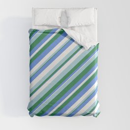 [ Thumbnail: Sea Green, Cornflower Blue, White & Light Blue Colored Striped/Lined Pattern Duvet Cover ]