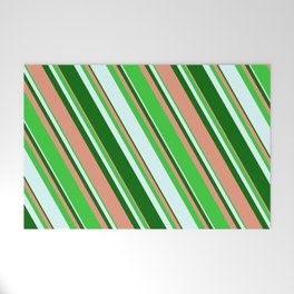 [ Thumbnail: Dark Salmon, Lime Green, Light Cyan, and Dark Green Colored Stripes/Lines Pattern Welcome Mat ]