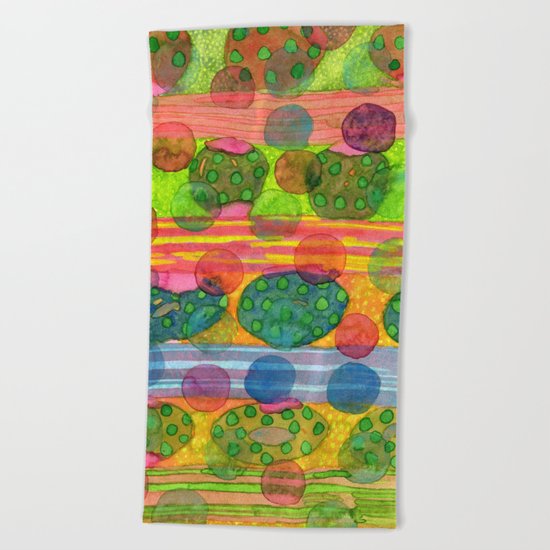 Round Shapes within and above horizontal Stripes Beach Towel