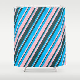 [ Thumbnail: Deep Sky Blue, Pink & Dark Slate Gray Colored Stripes Pattern Shower Curtain ]