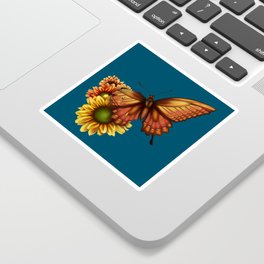 Broken Mariposa in Blue - Autumn Butterfly with Torn Wing and Sunflowers Sticker