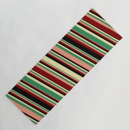 [ Thumbnail: Vibrant Pale Goldenrod, Sea Green, Dark Salmon, Maroon, and Black Colored Striped Pattern Yoga Mat ]