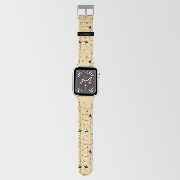 Tan and Black Doodle Kitten Faces Pattern Apple Watch Band