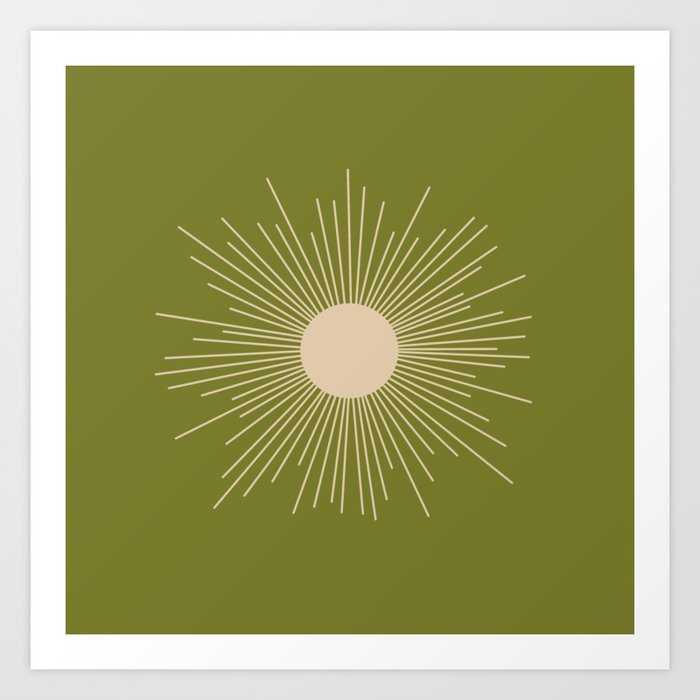 Mid-Century Modern Sunburst II - Minimalist Sun in Mid Mod Beige and Olive Green Art Print