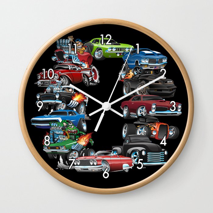 Car Madness! Muscle Cars and Hot Rods Cartoon Wall Clock by hobrath