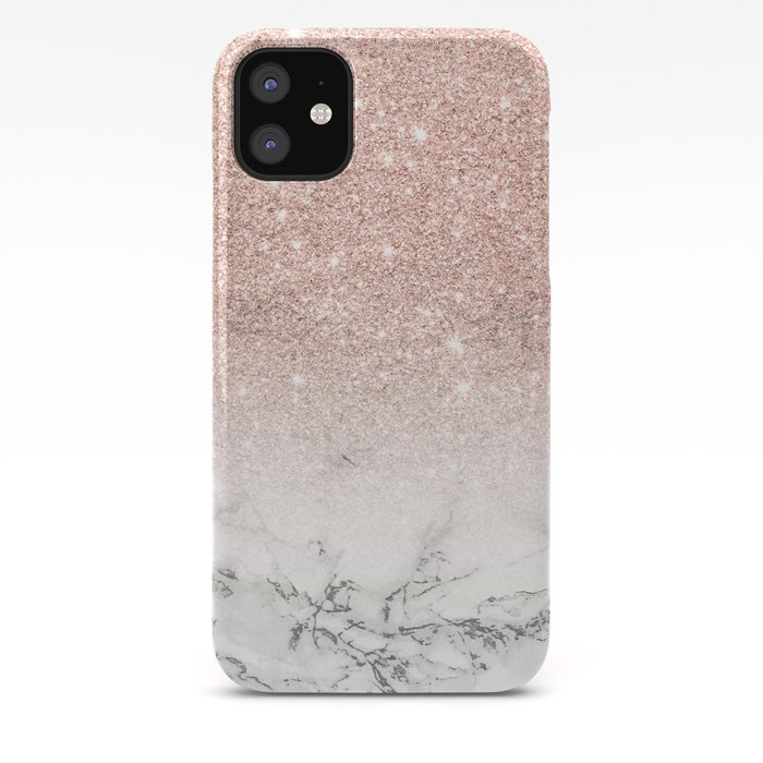 Modern faux rose gold pink glitter ombre white marble iPhone Case