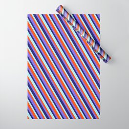 [ Thumbnail: Medium Slate Blue, Midnight Blue, Turquoise, and Red Colored Lines Pattern Wrapping Paper ]