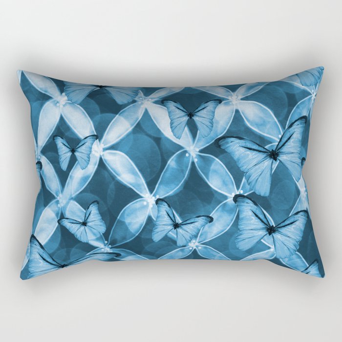 Beautiful Blue Butterflies and Baby blue Petals on Dark Blue Background  #decor #society6 #buyart Rectangular Pillow