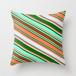 [ Thumbnail: Eyecatching Brown, Coral, Lavender, Dark Green & Aquamarine Colored Lines Pattern Throw Pillow ]