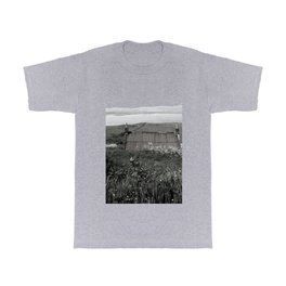 Scene from the Red Roofed House, Isle of Skye, in Black and White  T Shirt | Digital, Black And White, Countryside, Grass, Photo, Countrysideimage, Landscape, House, Sea, Scottish Landscape 