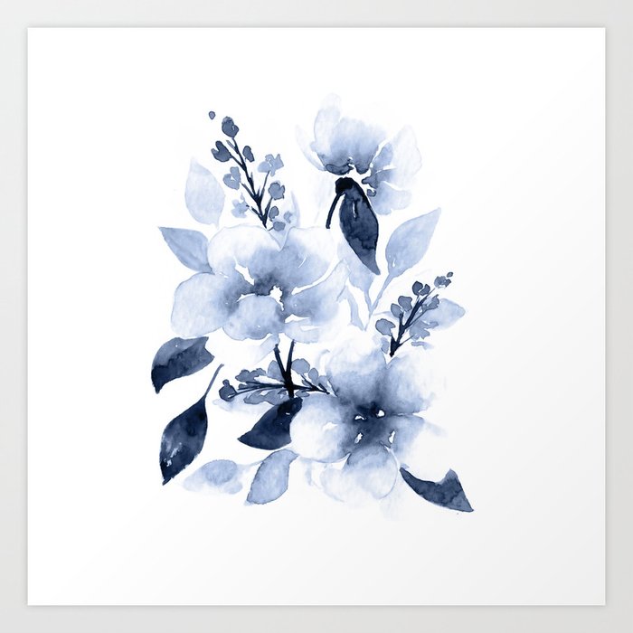 Navy Watercolor Flowers Art Print By Katrinacrouch Society6