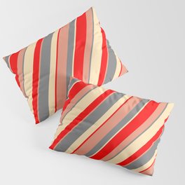 [ Thumbnail: Red, Dark Salmon, Grey, and Beige Colored Stripes/Lines Pattern Pillow Sham ]