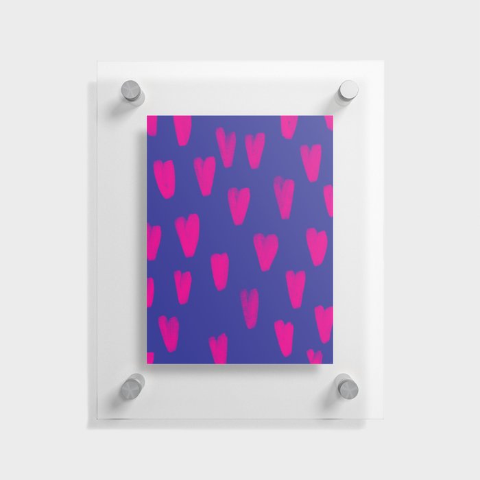 Neon Pink Hearts Hand-Painted over Retro Blue Floating Acrylic Print