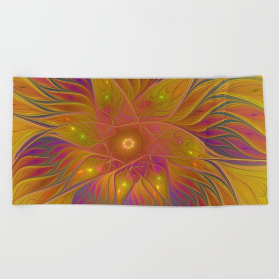 Colorful and Luminous Flower, Abstract Fractal Art Beach Towel