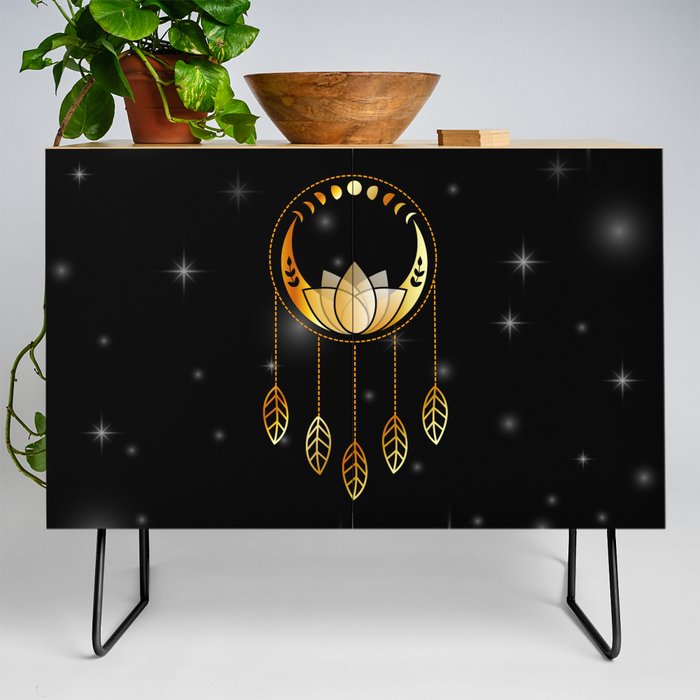 Mystic lotus dream catcher with moons and stars gold Credenza