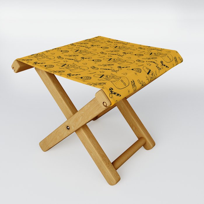 Mustard and Black Christmas Snowman Doodle Pattern Folding Stool