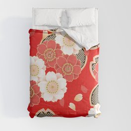 Japanese Vintage Red Black White Floral Kimono Pattern Comforter