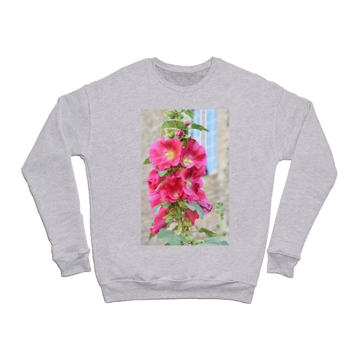 Summer flowers in France,  bright pink holyhocks cottage garden - nature and travel photography Crewneck Sweatshirt