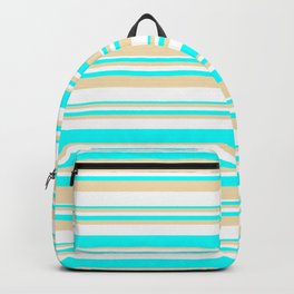 [ Thumbnail: White, Aqua & Tan Colored Striped/Lined Pattern Backpack ]