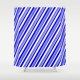 [ Thumbnail: Blue & White Colored Striped/Lined Pattern Shower Curtain ]