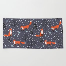 Red foxes in the nignt winter forest Beach Towel