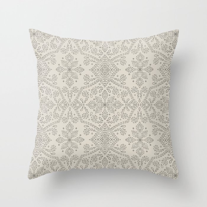 Floral Damask, Hand-drawn Linework, Black on Cream Throw Pillow
